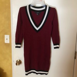 Varsity V-neck Body Con Sweater Dress - Burgundy